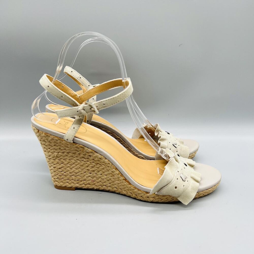 Jack Rogers Sandals Womens 10 Gray Suede Ankle Ruffle Espadrille Wedge Shoes